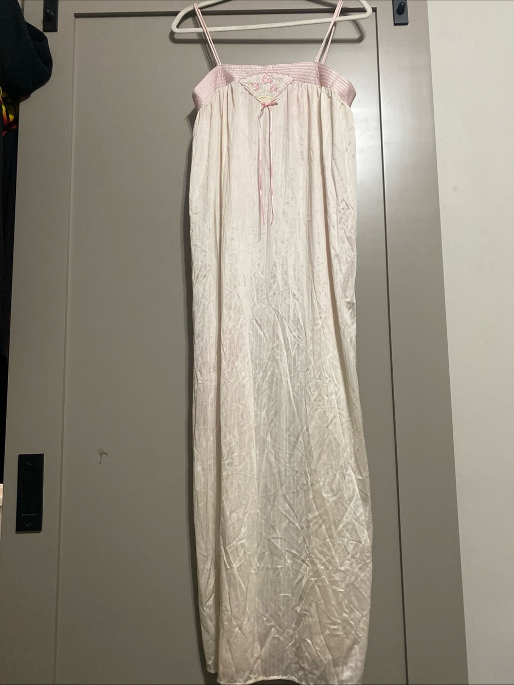 Vintage 70/80’s Cream Satin Long Nightgown with Pink Trim